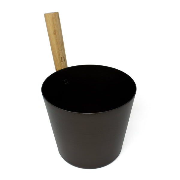 Black colored Brushed Aluminum Sauna bucket with straight wooden handle on white background