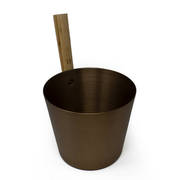 Brown colored Brushed Aluminum Sauna bucket with straight wooden handle on white background