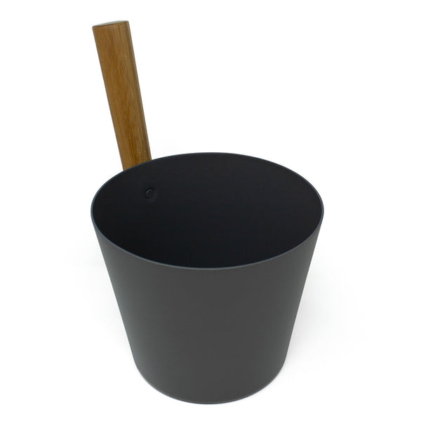 Grey colored Brushed Aluminum Sauna bucket with straight wooden handle on white background