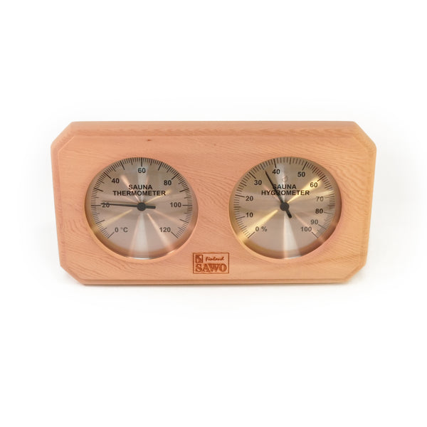 Front shot of thermometer and hydrometer enclosed in a cedar frame on white background.