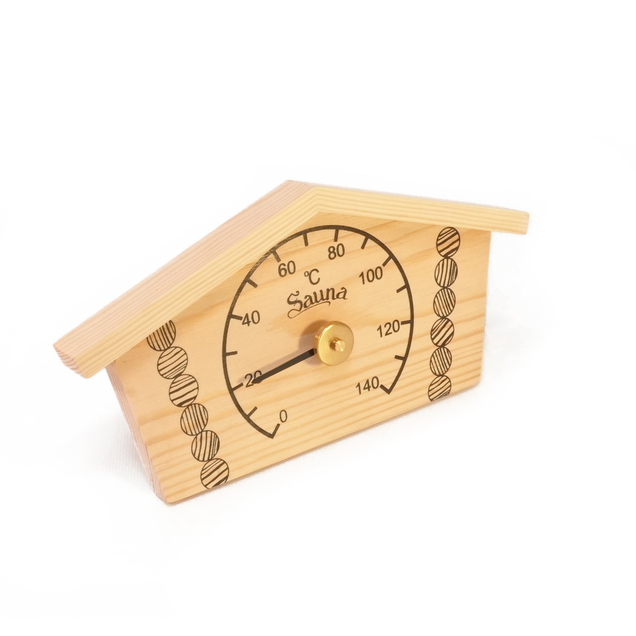 Log cabin themed sauna thermometer on white background.