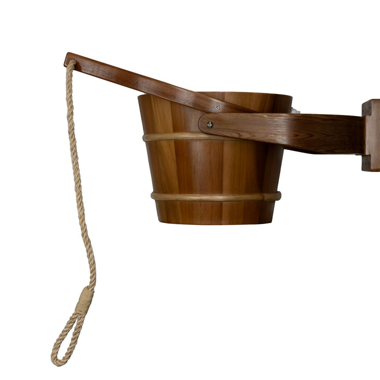 Side profile view of 18 liter cedar shower pail on white background