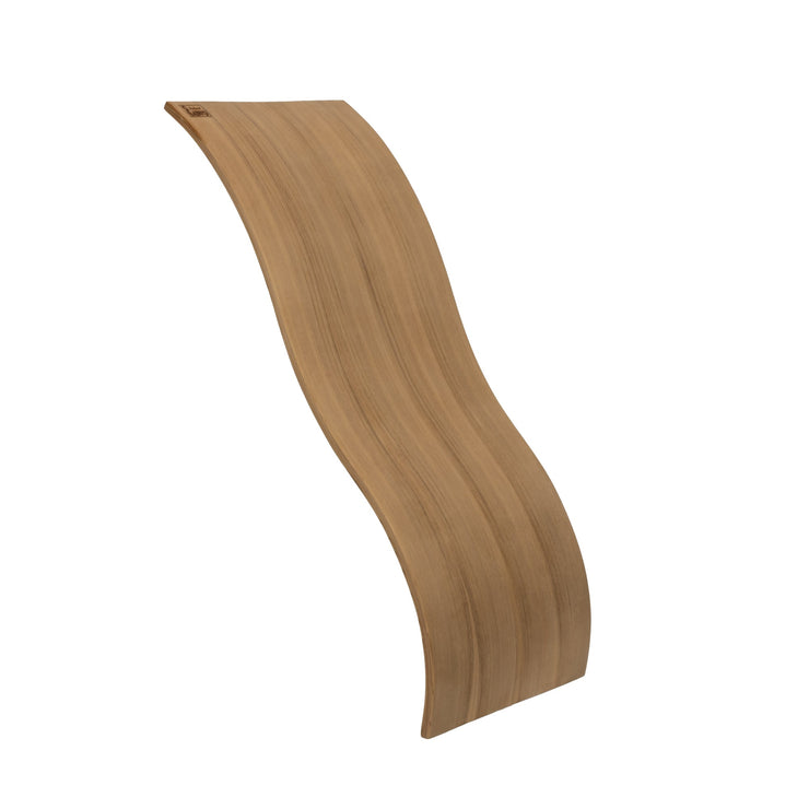 Curved cedar sauna recliner backrest on white background.