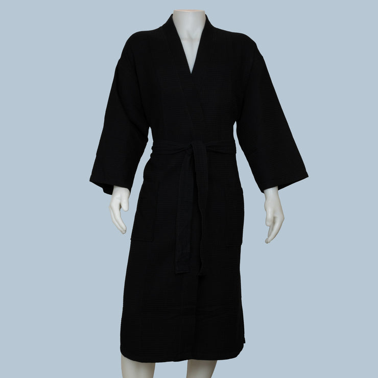 Black Waffle Cotton Kimono Robe on Mannequin