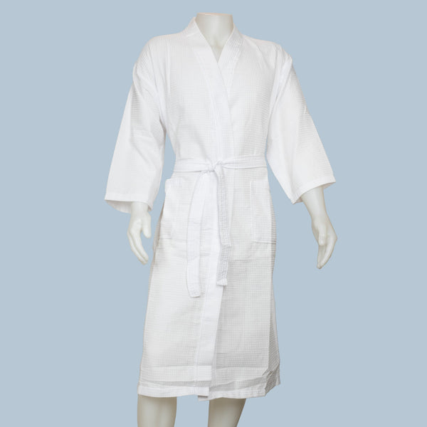 White Waffle Cotton Kimono Robe on Mannequin