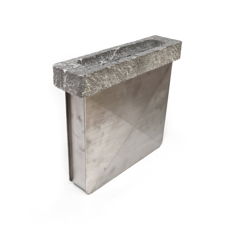 Rectangular stainless steel and soapstone sauna humidifier on white background