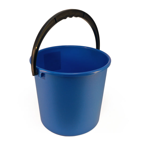 Blue Plastic Sauna Bucket on white background with handle up