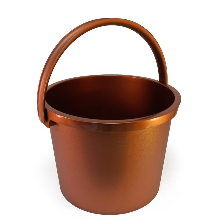 Copper, colored Plastic Sauna Bucket on white background with handle up