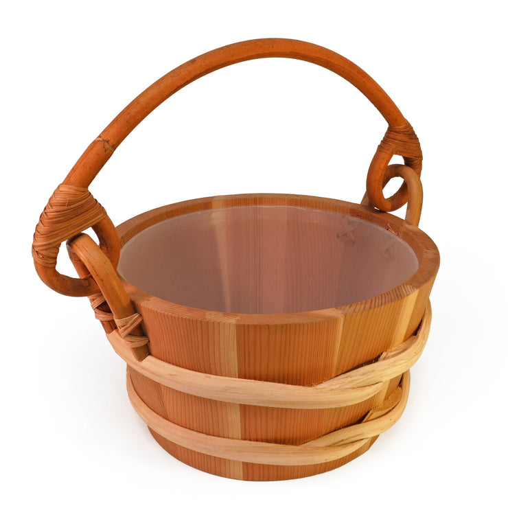 Cedar Sauna Bucket with bamboo handle and plastic liner on white background