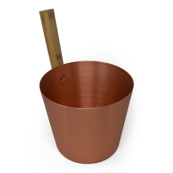 Copper colored Brushed Aluminum Sauna bucket with straight wooden handle on white background