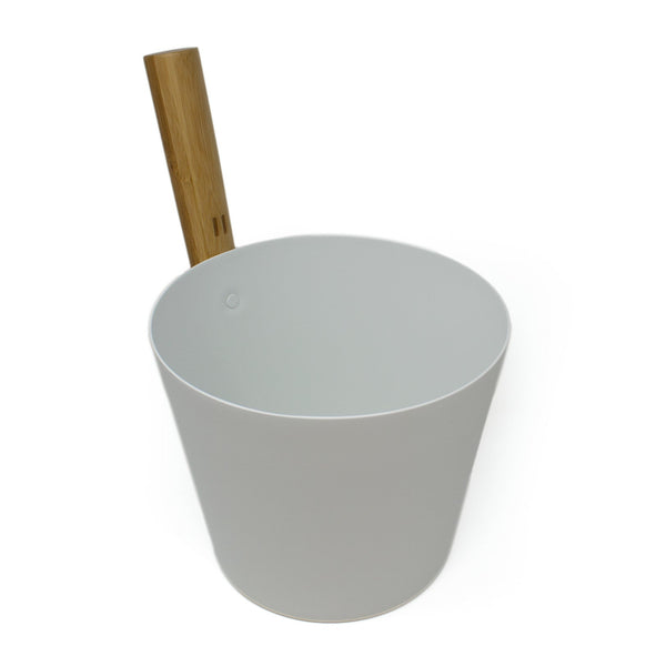 White colored Brushed Aluminum Sauna bucket with straight wooden handle on white background
