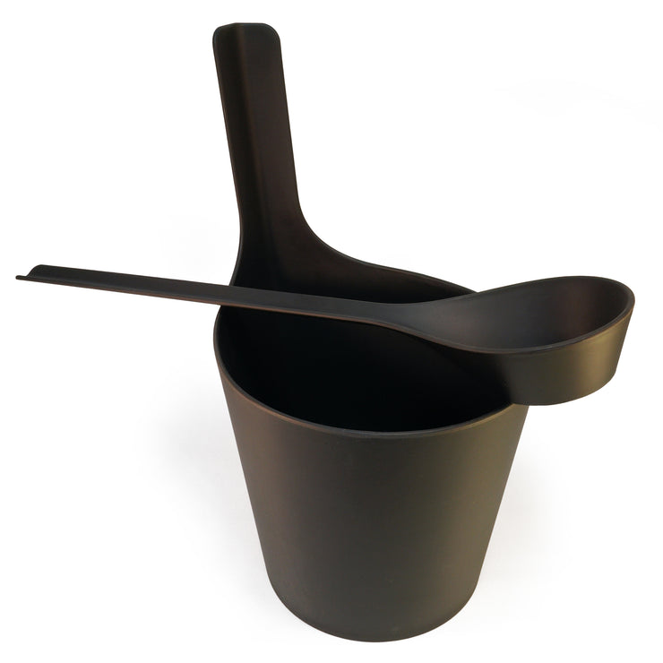 Black Plastic sauna bucket and black ladle on white background
