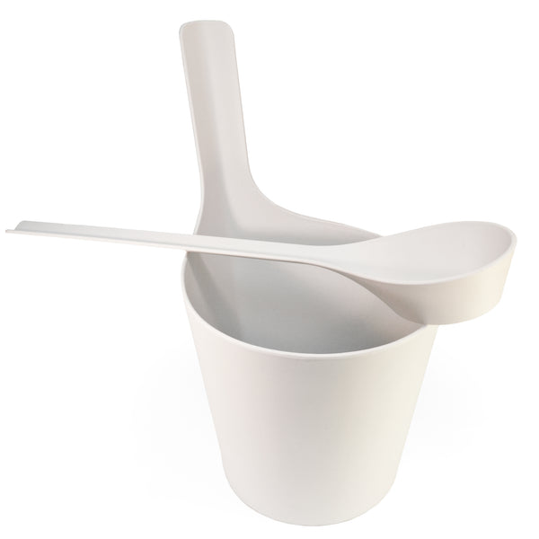White Plastic sauna bucket and white ladle on white background