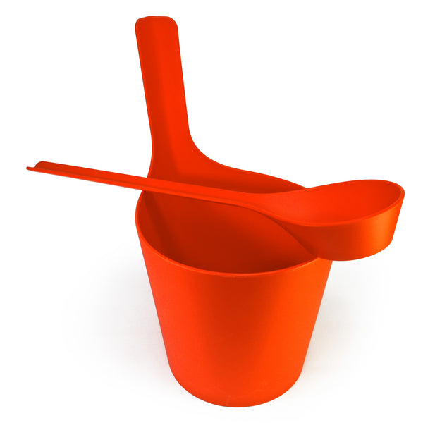 Red Plastic sauna bucket and Red ladle on white background