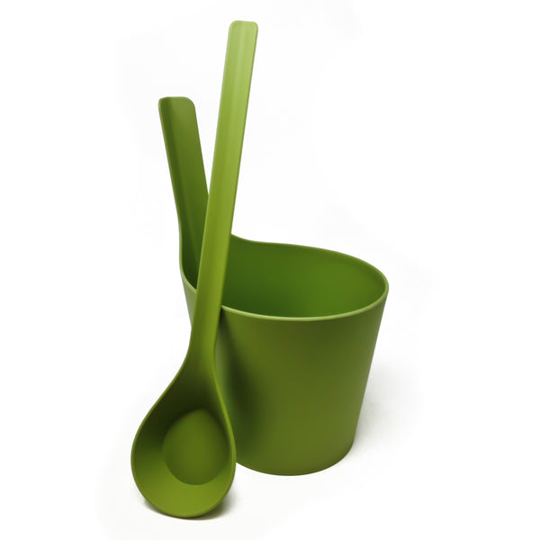 plastic sauna buck and scoop in green moss color on while background