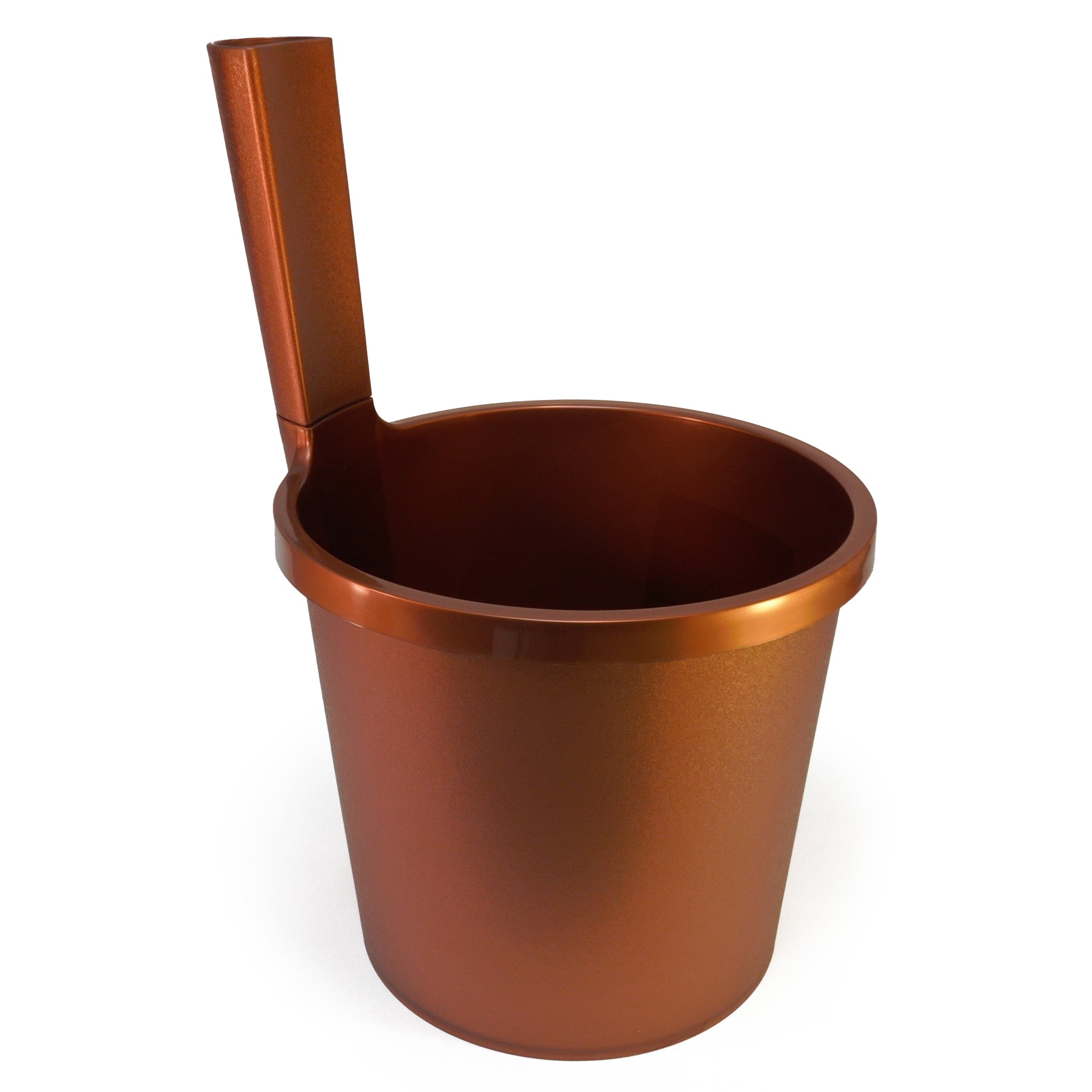 Copper colored plastic bucket on white background