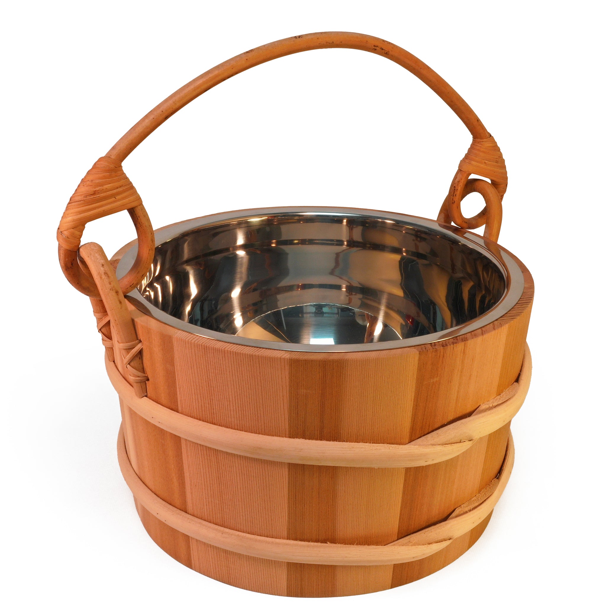 Cedar sauna bucket with stainless steel insert on white background