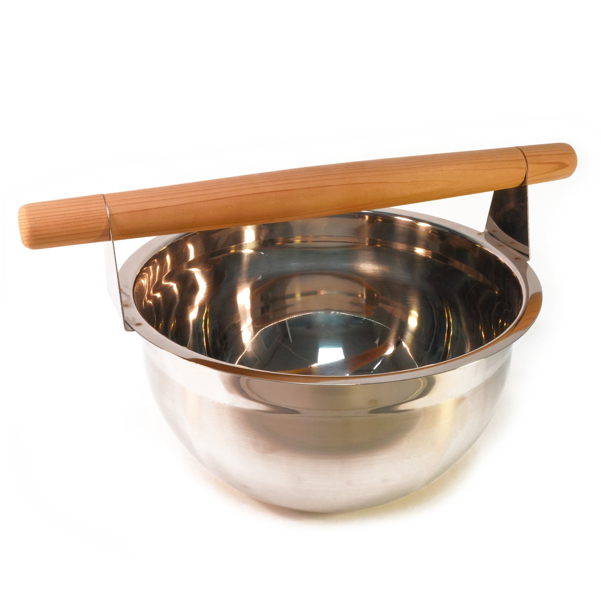 Stainless steel sauna bucket with wooden handle on white background