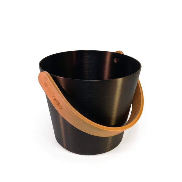 Black brushed Aluminum Sauna bucket with curved wooden handle on white background 