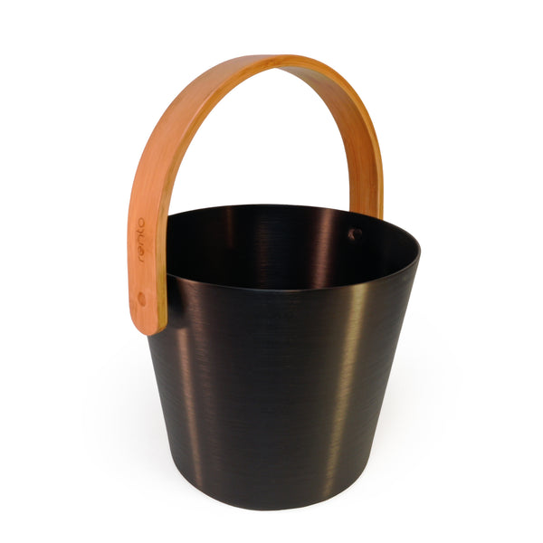 Black brushed Aluminum Sauna bucket with curved wooden handle on white background. Handle Up