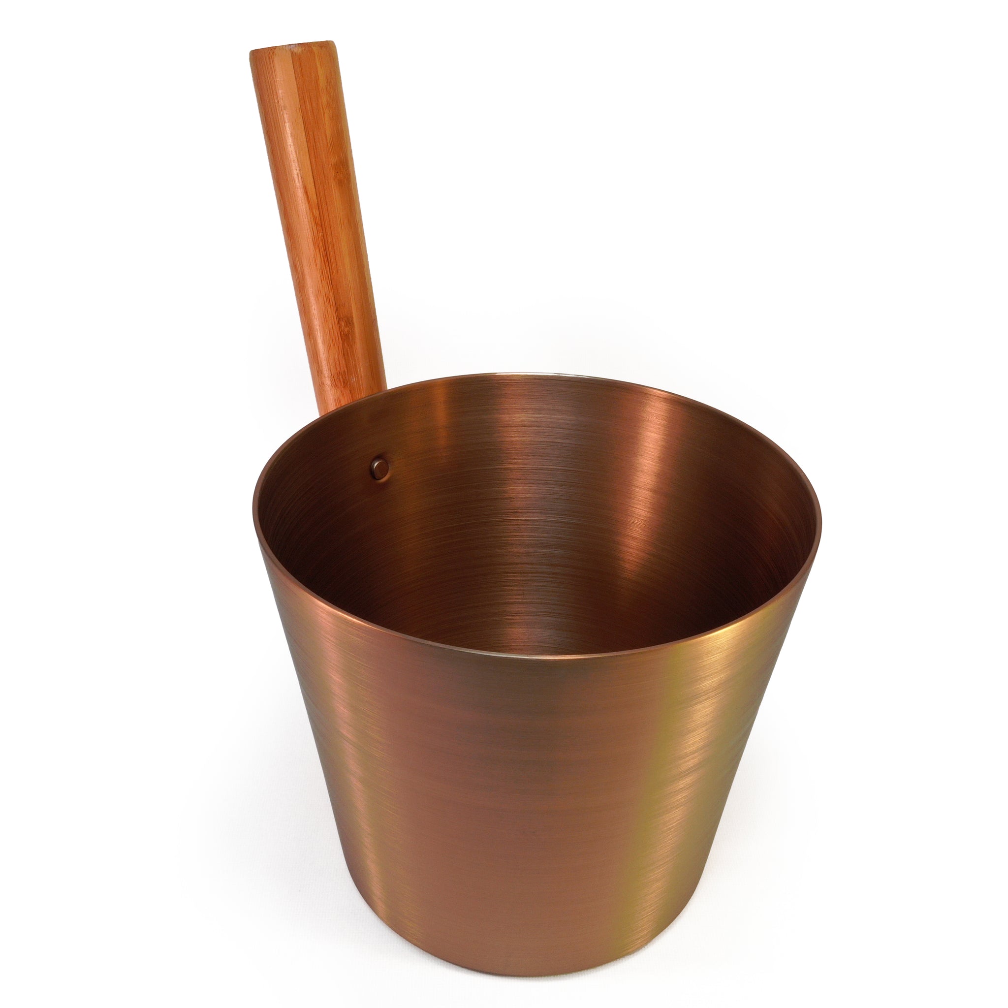 Champagne colored Brushed Aluminum Sauna bucket with straight wooden handle on white background