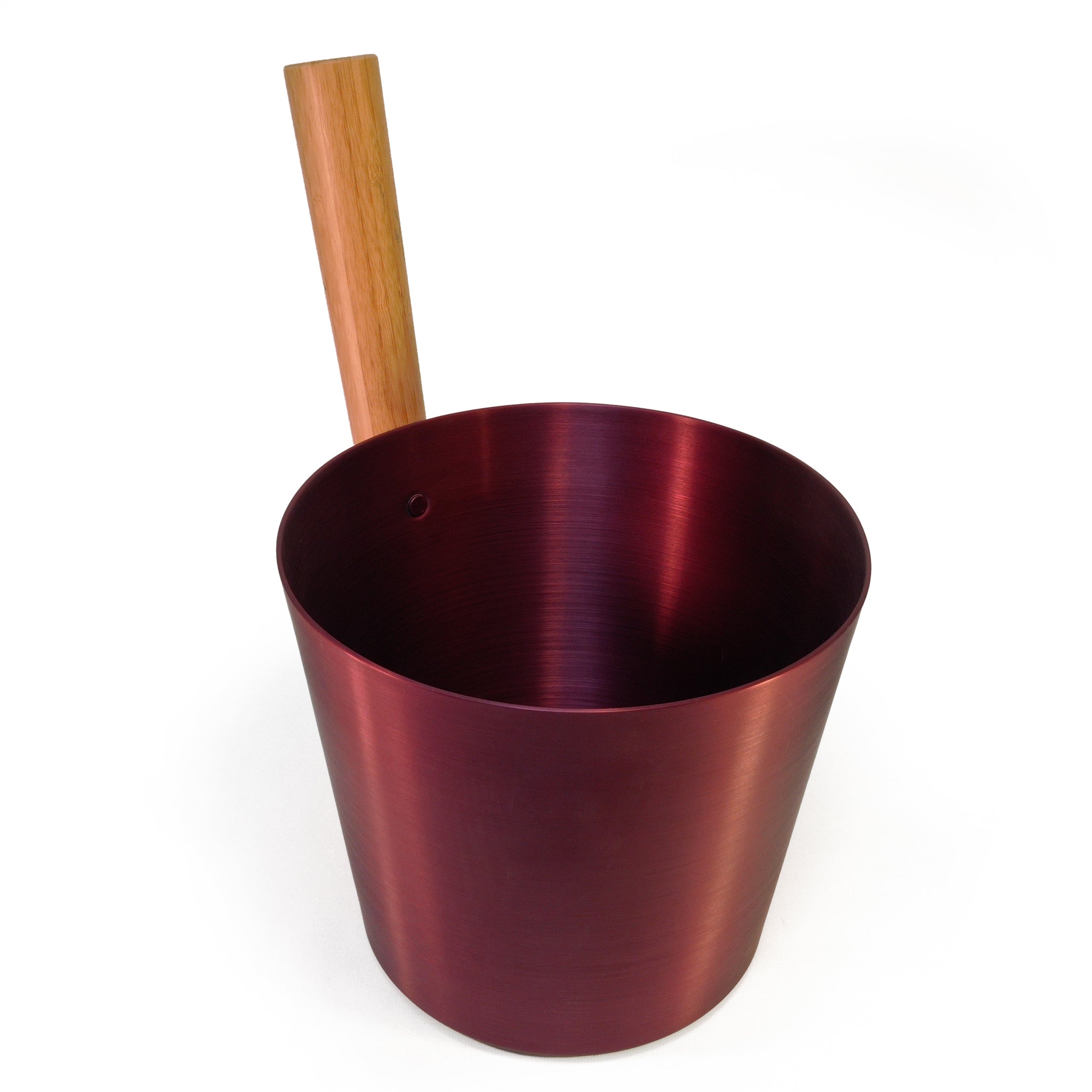 Cranberry colored Brushed Aluminum Sauna bucket with straight wooden handle on white background