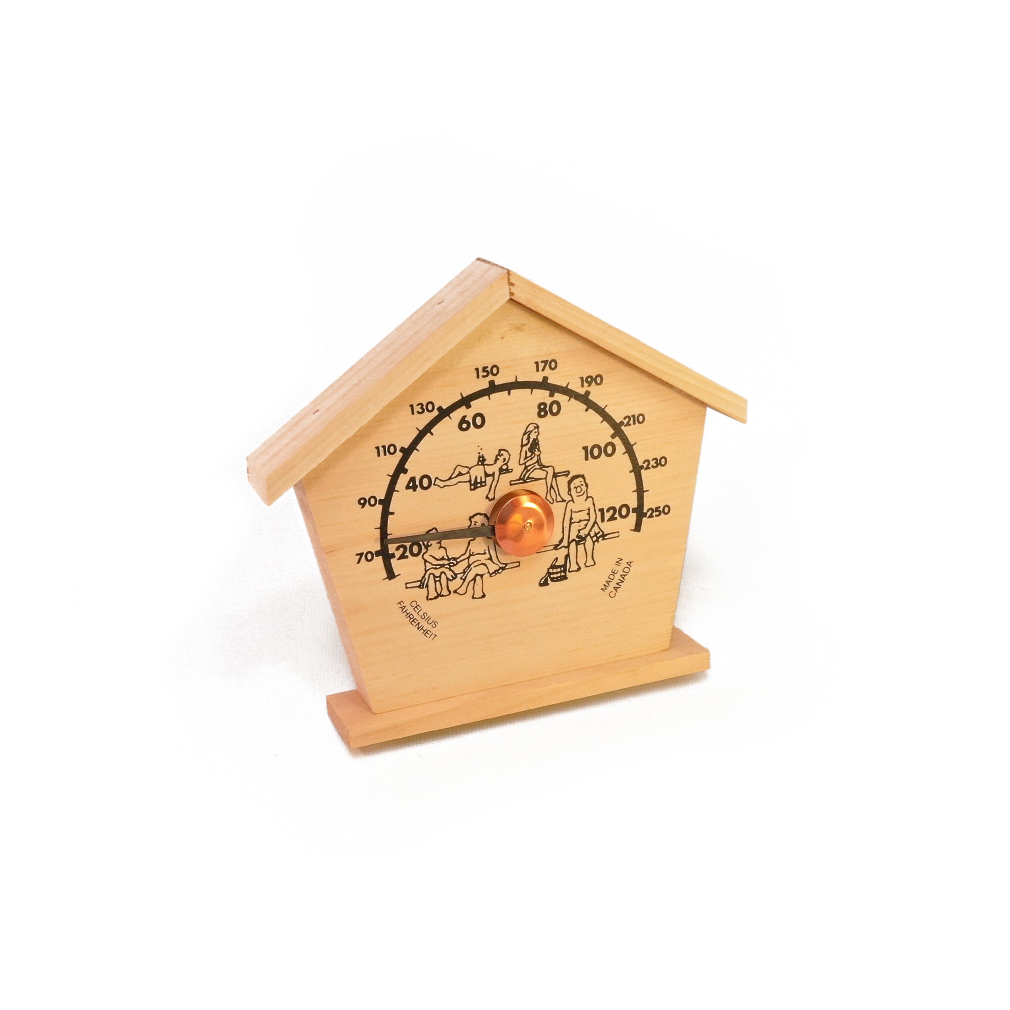 Cabin themed cedar sauna thermometer on white background.