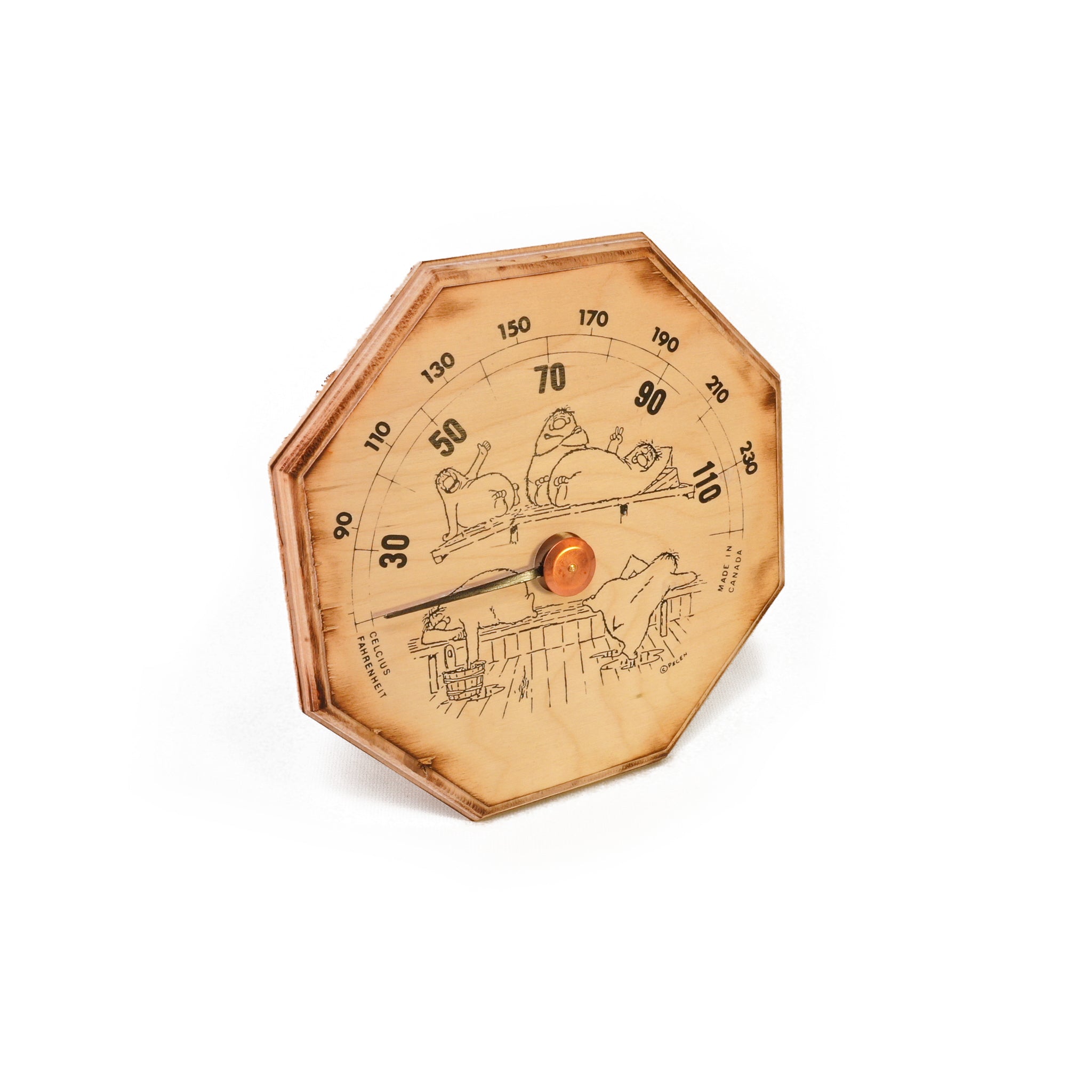 Octagon shaped cedar sauna thermometer with traditional Finnish art on white background.