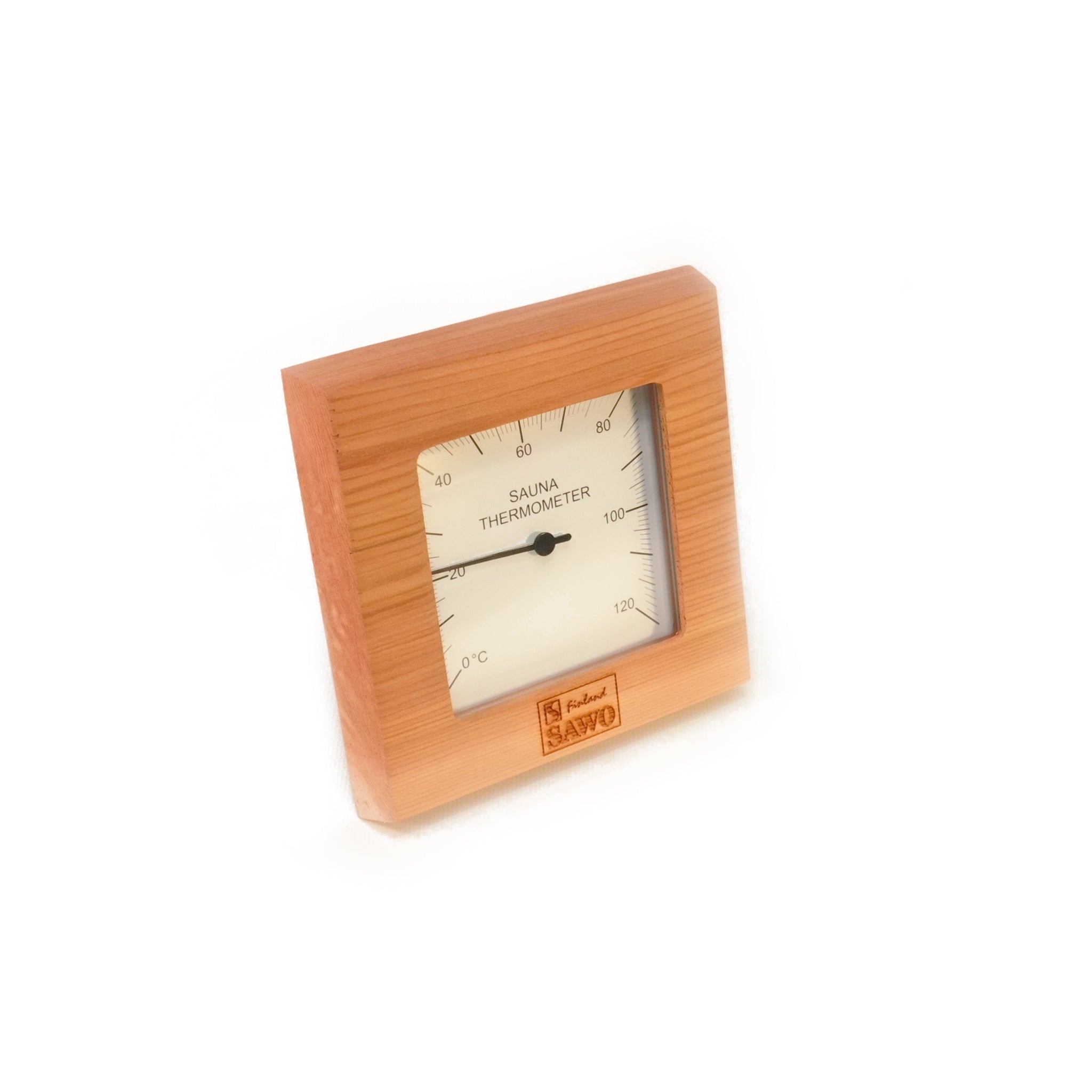 Cedar sauna thermometer with plastic dial cover on white background