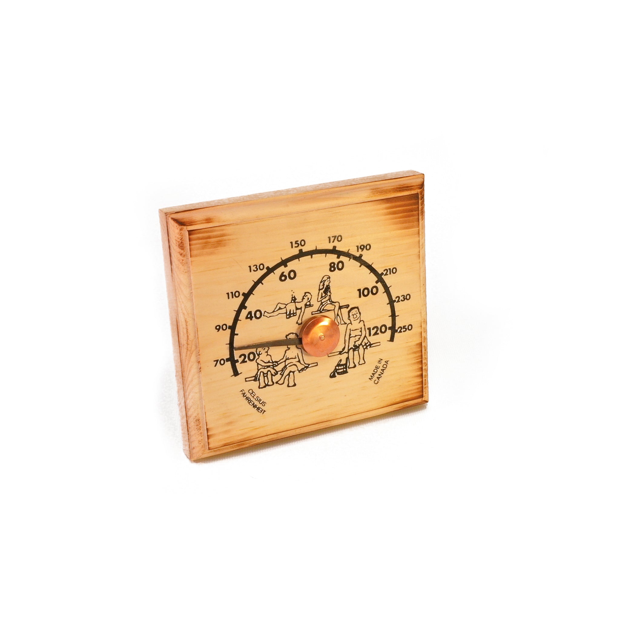 Square sauna thermometer with finnish art on white background