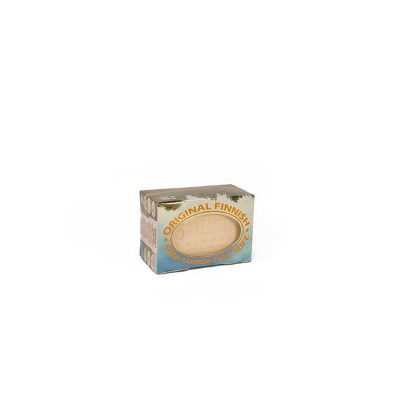 Box containing white birch scented soap bar on white background.