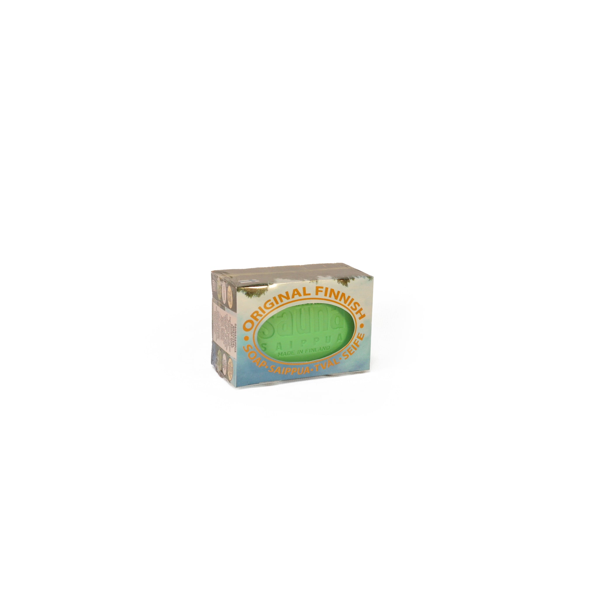 Box containing green pine scented soap bar on white background.