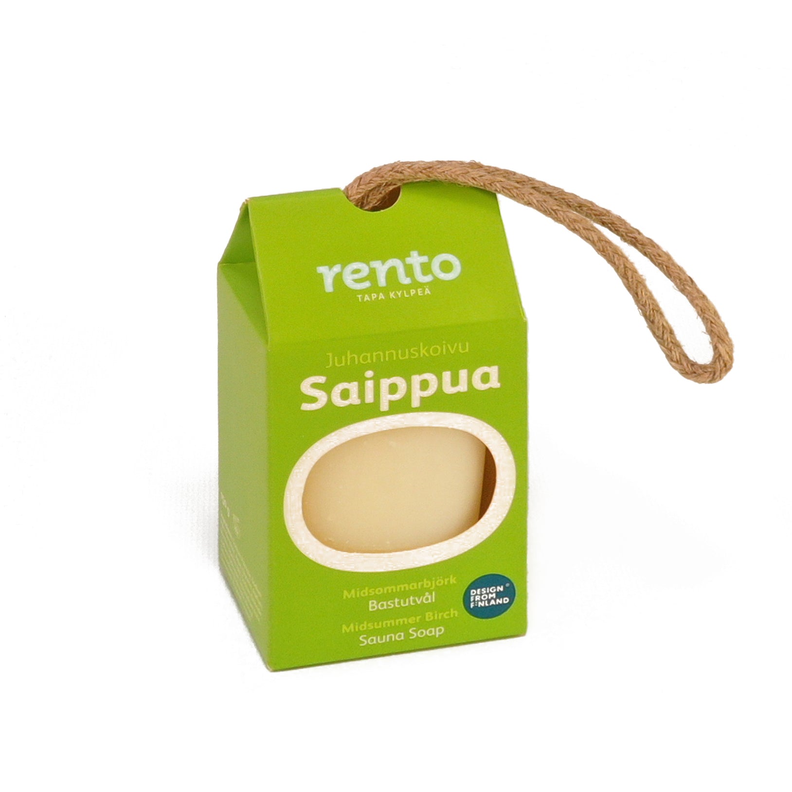 Green box containing a white bar of soap with a brown string on white background