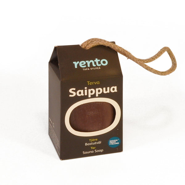 Brown box containing a brown bar of soap with a brown string on white background