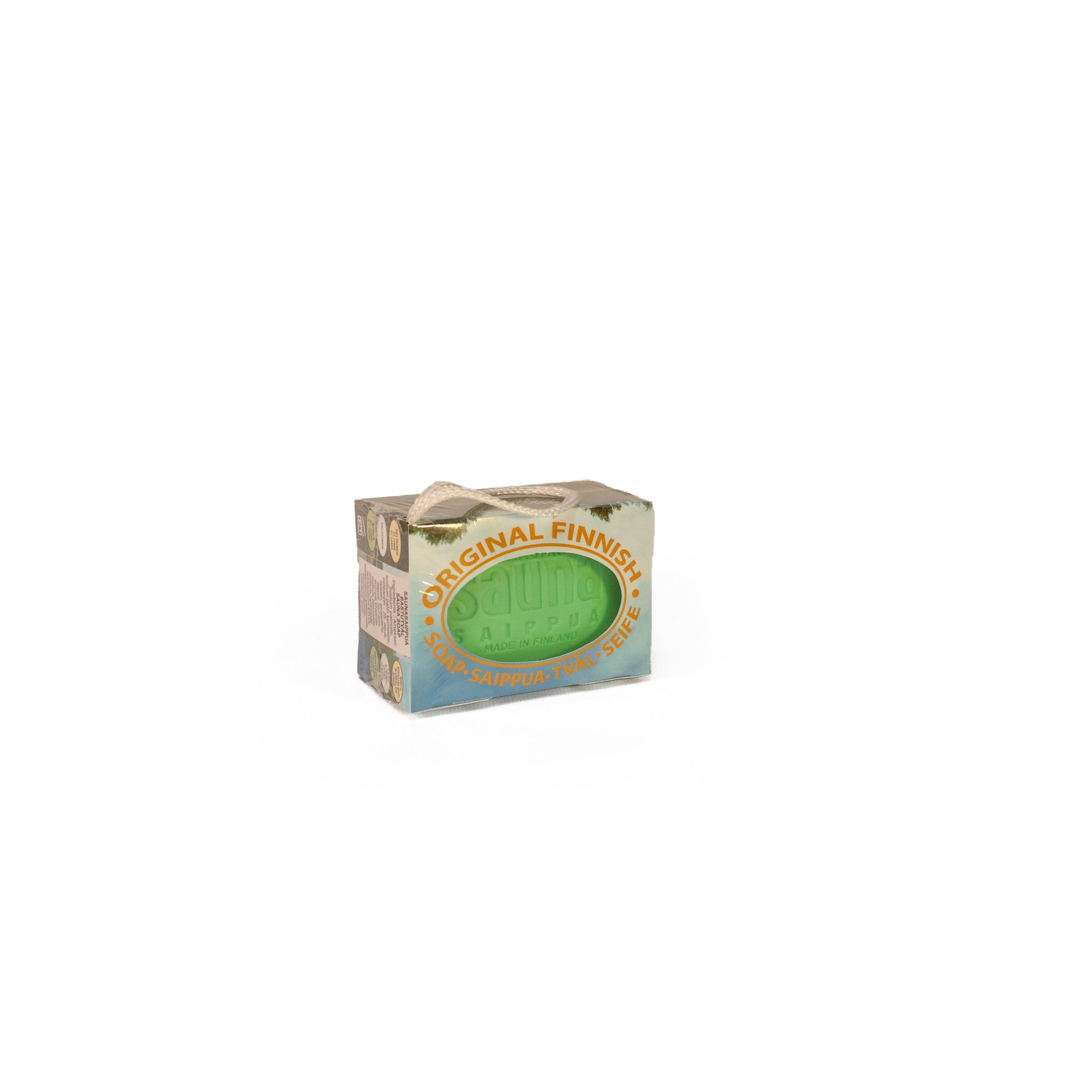 Box containing green pine scented soap bar on white background.