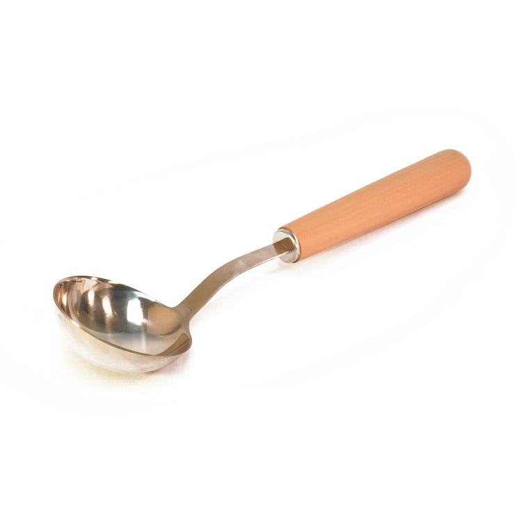 Stainless sauna scoop with wooden handle on white background.